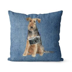 Adventure is out there cushion Welsh Terrier Gently Faded Denim front view