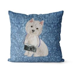 Westie dog Inspired Denim Style Throw Pillow Cushion - Travel collection 18 Adventure is out there cushion Westie Bleached Damask Denim front view