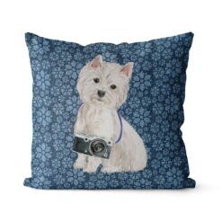 Westie dog Inspired Denim Style Throw Pillow Cushion - Travel collection 17 Adventure is out there cushion Westie Daisy Denim front view