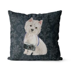 Westie dog Inspired Denim Style Throw Pillow Cushion - Travel collection 16 Adventure is out there cushion Westie Dark Damask Denim front view