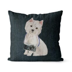Westie dog Inspired Denim Style Throw Pillow Cushion - Travel collection 15 Adventure is out there cushion Westie Dark Denim front view
