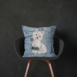 Westie dog Inspired Denim Style Throw Pillow Cushion - Travel collection 13 Adventure is out there cushion Westie Faded Ephemera Denim black chair