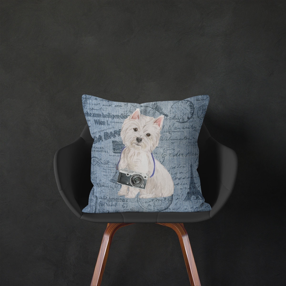 Westie dog Inspired Denim Style Throw Pillow Cushion - Travel collection 5 Westie dog Inspired Denim Style Throw Pillow Cushion - Travel collection - Image 4