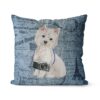 Westie dog Inspired Denim Style Throw Pillow Cushion - Travel collection 2 Adventure is out there cushion Westie Faded Ephemera Denim front view