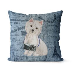 Westie dog Inspired Denim Style Throw Pillow Cushion - Travel collection