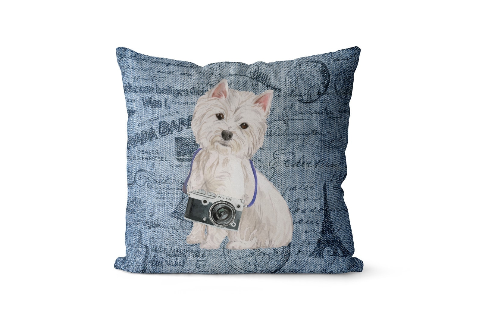 Westie dog Inspired Denim Style Throw Pillow Cushion - Travel collection 2 Westie dog Inspired Denim Style Throw Pillow Cushion - Travel collection