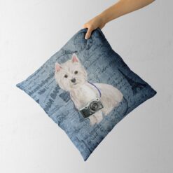 Westie dog Inspired Denim Style Throw Pillow Cushion - Travel collection 12 Adventure is out there cushion Westie Faded Ephemera Denim holding in hand