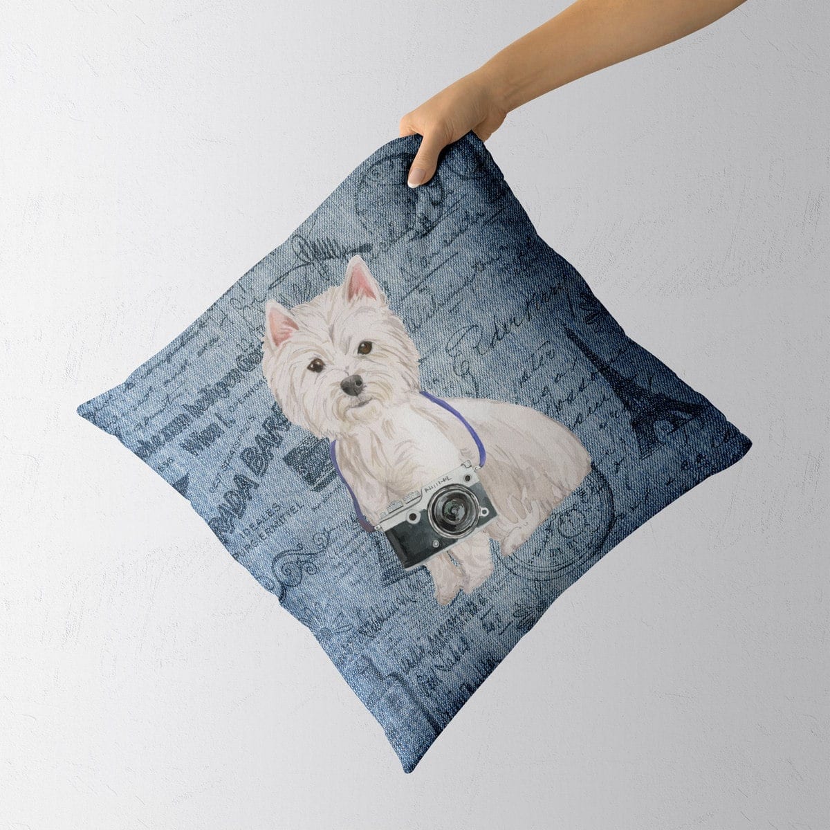 Westie dog Inspired Denim Style Throw Pillow Cushion - Travel collection 4 Westie dog Inspired Denim Style Throw Pillow Cushion - Travel collection - Image 3
