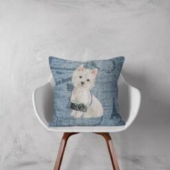 Westie dog Inspired Denim Style Throw Pillow Cushion - Travel collection 11 Adventure is out there cushion Westie Faded Ephemera Denim white chair