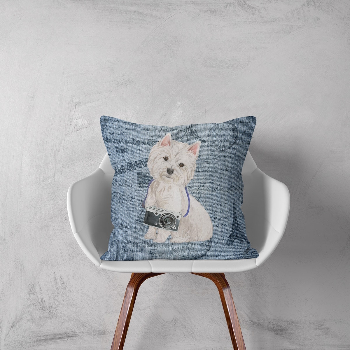 Westie dog Inspired Denim Style Throw Pillow Cushion - Travel collection 3 Westie dog Inspired Denim Style Throw Pillow Cushion - Travel collection - Image 2