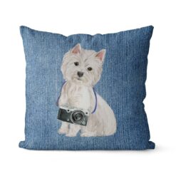 Westie dog Inspired Denim Style Throw Pillow Cushion - Travel collection 14 Adventure is out there cushion Westie Gently Faded Denim front view