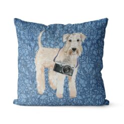 Adventure is out there cushion Wheaten Terrier Bleached Damask Denim front view