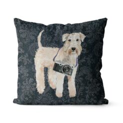 Adventure is out there cushion Wheaten Terrier Dark Damask Denim front view