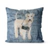 Wheaten Terrier dog Inspired Denim Style Throw Pillow Cushion - Travel collection 2 Adventure is out there cushion Wheaten Terrier Faded Ephemera Denim front view