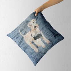 Adventure is out there cushion Wheaten Terrier Faded Ephemera Denim holding in hand