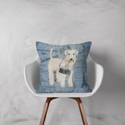 Adventure is out there cushion Wheaten Terrier Faded Ephemera Denim white chair