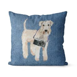 Adventure is out there cushion Wheaten Terrier Gently Faded Denim front view