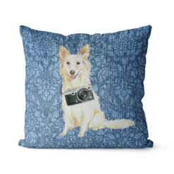 White Collie dog Inspired Denim Style Throw Pillow Cushion - Travel collection 21 Adventure is out there cushion White Collie Bleached Damask Denim front view