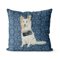 White Collie dog Inspired Denim Style Throw Pillow Cushion - Travel collection 20 Adventure is out there cushion White Collie Daisy Denim front view