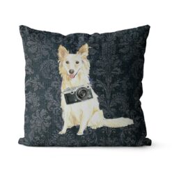 White Collie dog Inspired Denim Style Throw Pillow Cushion - Travel collection 19 Adventure is out there cushion White Collie Dark Damask Denim front view