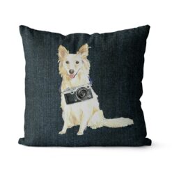 White Collie dog Inspired Denim Style Throw Pillow Cushion - Travel collection 18 Adventure is out there cushion White Collie Dark Denim front view