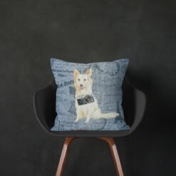 White Collie dog Inspired Denim Style Throw Pillow Cushion - Travel collection 15 Adventure is out there cushion White Collie Faded Ephemera Denim black chair
