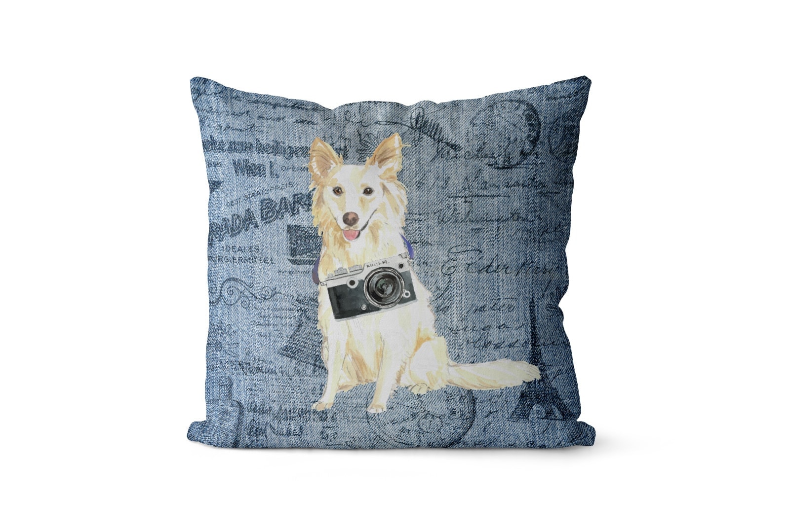 White Collie dog Inspired Denim Style Throw Pillow Cushion - Travel collection 3 White Collie dog Inspired Denim Style Throw Pillow Cushion - Travel collection