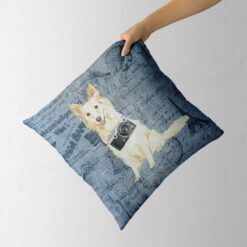 White Collie dog Inspired Denim Style Throw Pillow Cushion - Travel collection 14 Adventure is out there cushion White Collie Faded Ephemera Denim holding in hand