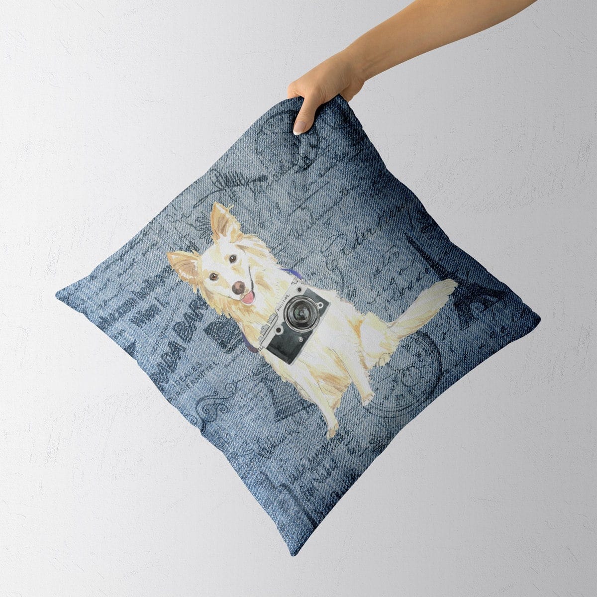 White Collie dog Inspired Denim Style Throw Pillow Cushion - Travel collection 5 White Collie dog Inspired Denim Style Throw Pillow Cushion - Travel collection - Image 3