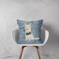 White Collie dog Inspired Denim Style Throw Pillow Cushion - Travel collection 13 Adventure is out there cushion White Collie Faded Ephemera Denim white chair
