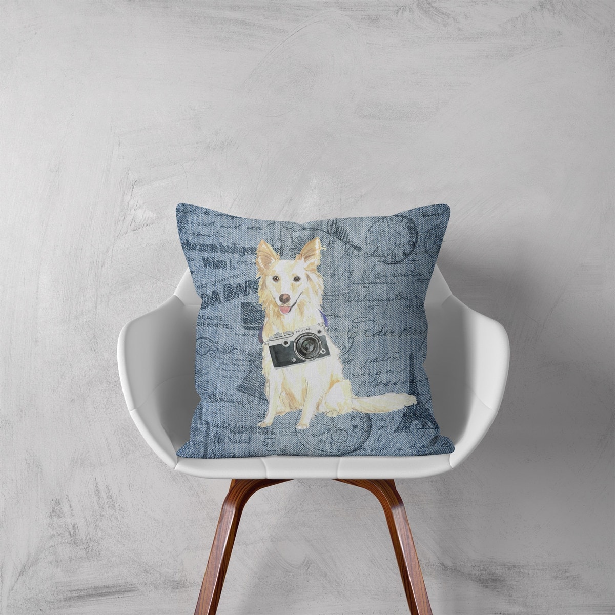 White Collie dog Inspired Denim Style Throw Pillow Cushion - Travel collection 4 White Collie dog Inspired Denim Style Throw Pillow Cushion - Travel collection - Image 2
