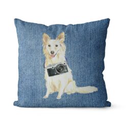 White Collie dog Inspired Denim Style Throw Pillow Cushion - Travel collection 17 Adventure is out there cushion White Collie Gently Faded Denim front view