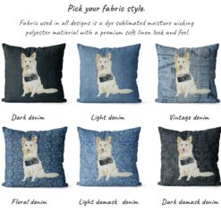 White Collie dog Inspired Denim Style Throw Pillow Cushion - Travel collection 16 Adventure is out there cushion White Collie variations