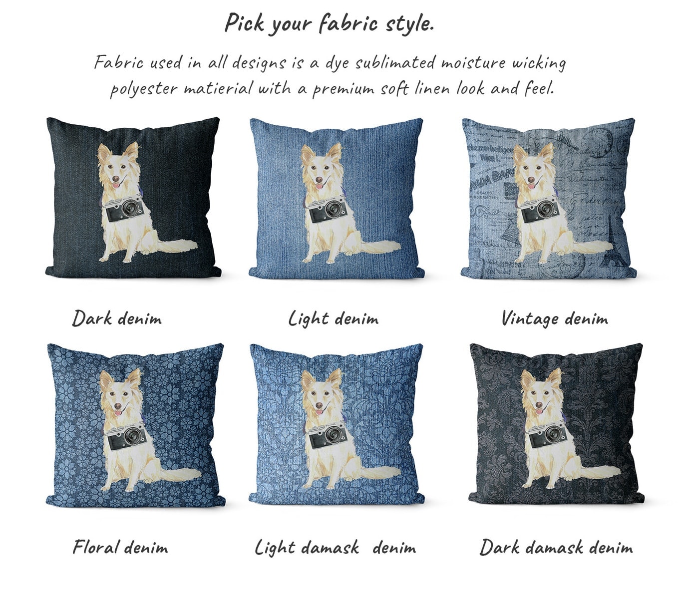 White Collie dog Inspired Denim Style Throw Pillow Cushion - Travel collection 7 White Collie dog Inspired Denim Style Throw Pillow Cushion - Travel collection - Image 5