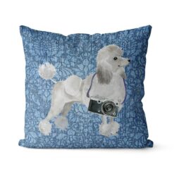 White poodle dog Inspired Denim Style Throw Pillow Cushion - Travel collection 20 Adventure is out there cushion White poodle Bleached Damask Denim front view