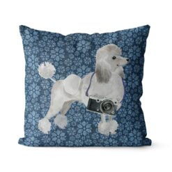 White poodle dog Inspired Denim Style Throw Pillow Cushion - Travel collection 19 Adventure is out there cushion White poodle Daisy Denim front view