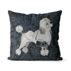 White poodle dog Inspired Denim Style Throw Pillow Cushion - Travel collection 18 Adventure is out there cushion White poodle Dark Damask Denim front view