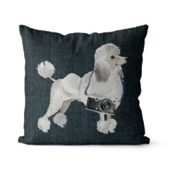 White poodle dog Inspired Denim Style Throw Pillow Cushion - Travel collection 17 Adventure is out there cushion White poodle Dark Denim front view