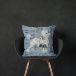 White poodle dog Inspired Denim Style Throw Pillow Cushion - Travel collection 14 Adventure is out there cushion White poodle Faded Ephemera Denim black chair