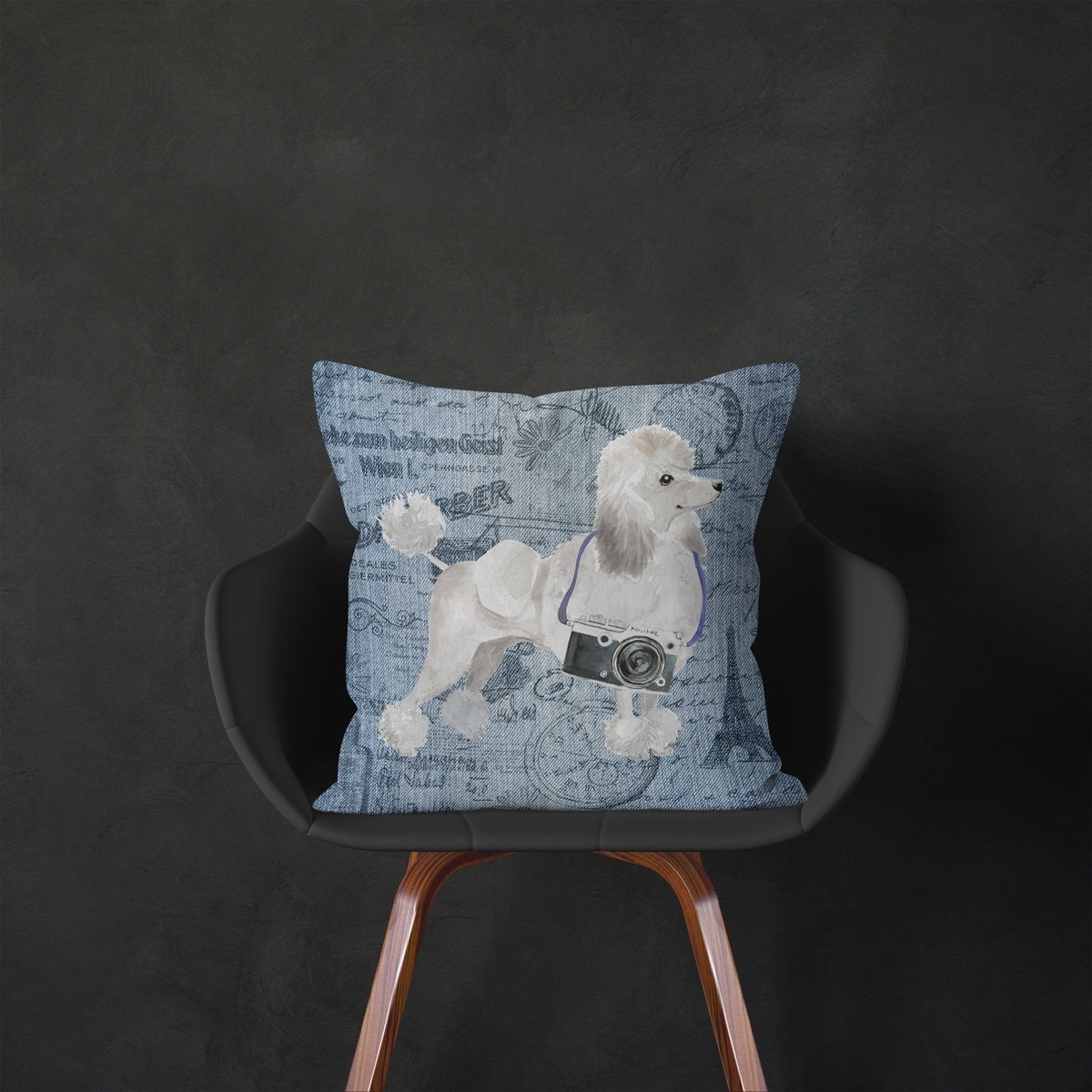 White poodle dog Inspired Denim Style Throw Pillow Cushion - Travel collection 5 White poodle dog Inspired Denim Style Throw Pillow Cushion - Travel collection - Image 4