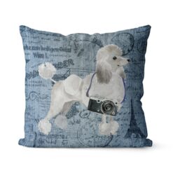 White poodle dog Inspired Denim Style Throw Pillow Cushion - Travel collection
