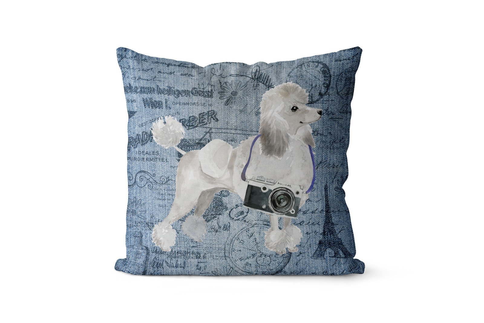White poodle dog Inspired Denim Style Throw Pillow Cushion - Travel collection 2 White poodle dog Inspired Denim Style Throw Pillow Cushion - Travel collection