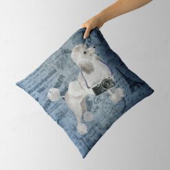 White poodle dog Inspired Denim Style Throw Pillow Cushion - Travel collection 13 Adventure is out there cushion White poodle Faded Ephemera Denim holding in hand