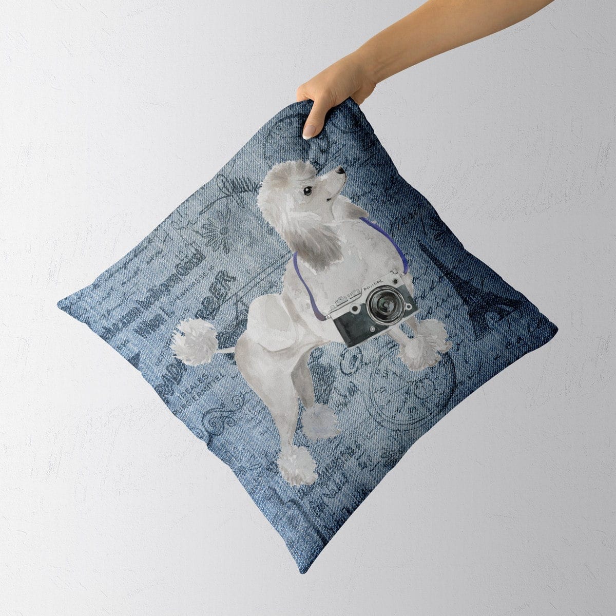 White poodle dog Inspired Denim Style Throw Pillow Cushion - Travel collection 4 White poodle dog Inspired Denim Style Throw Pillow Cushion - Travel collection - Image 3