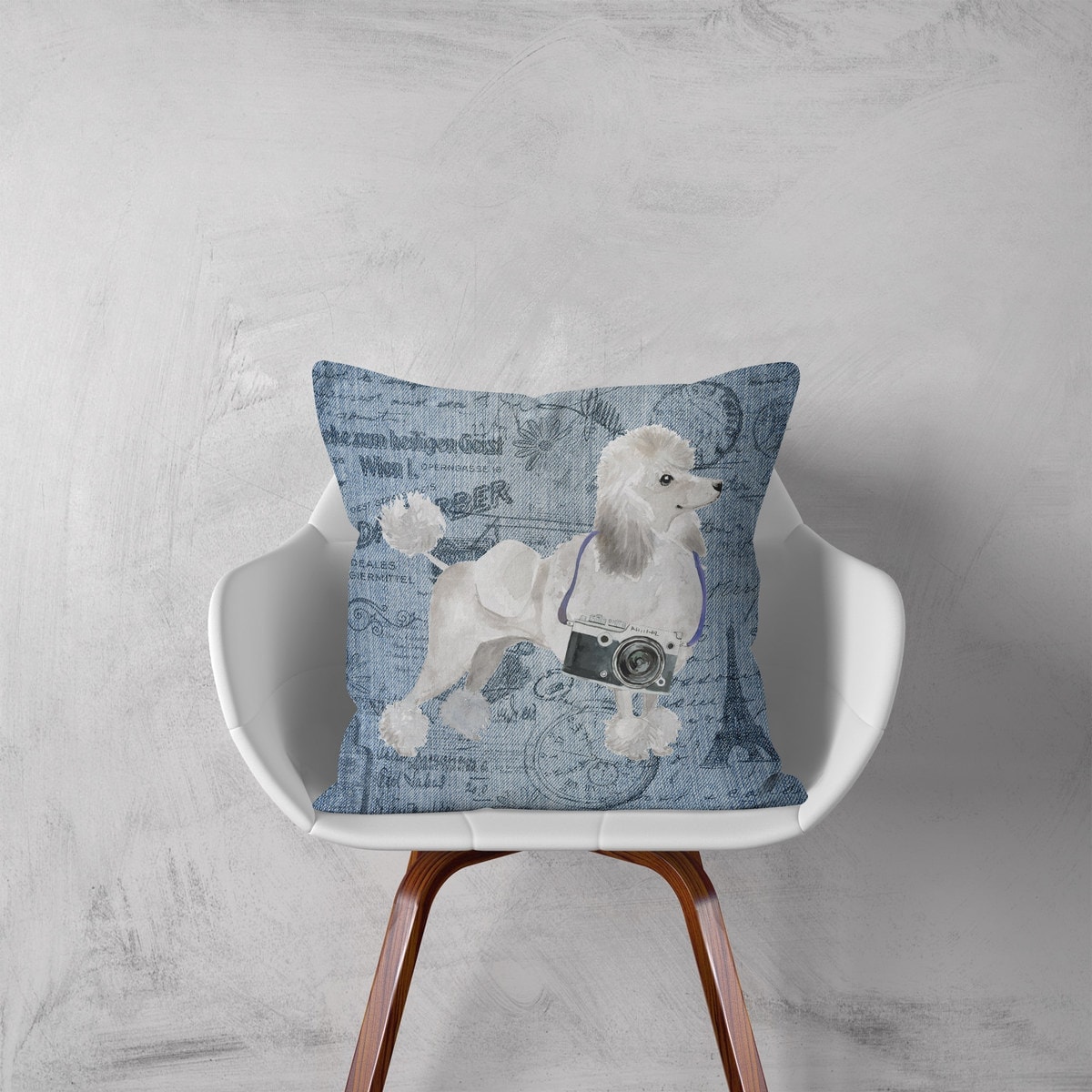 White poodle dog Inspired Denim Style Throw Pillow Cushion - Travel collection 3 White poodle dog Inspired Denim Style Throw Pillow Cushion - Travel collection - Image 2