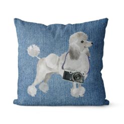 White poodle dog Inspired Denim Style Throw Pillow Cushion - Travel collection 16 Adventure is out there cushion White poodle Gently Faded Denim front view