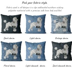 White poodle dog Inspired Denim Style Throw Pillow Cushion - Travel collection 15 Adventure is out there cushion White poodle variations