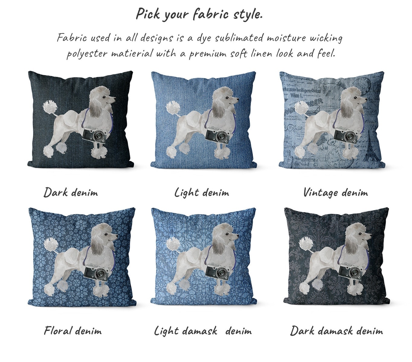 White poodle dog Inspired Denim Style Throw Pillow Cushion - Travel collection 6 White poodle dog Inspired Denim Style Throw Pillow Cushion - Travel collection - Image 5