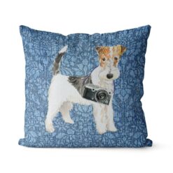 Adventure is out there cushion Wire Haired Fox Terrier Bleached Damask Denim front view