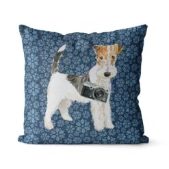 Adventure is out there cushion Wire Haired Fox Terrier Daisy Denim front view